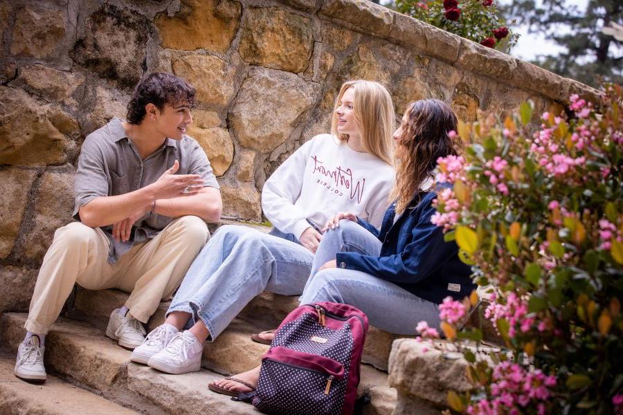 Westmont students chat on the stairs near Magnolia Lawn